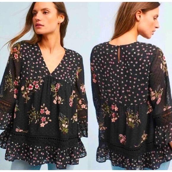 Anthropologie Maeve Steffy Bell-Sleeve Floral Chiffon Overlay Top Black SZ Small - Picture 2 of 13
